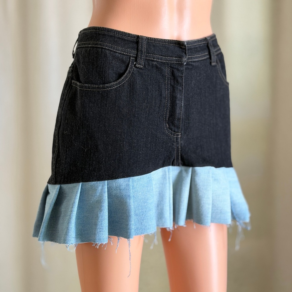 Upcycled Chico's Platinum Two Tone Denim Mini Skirt Black Blue Ruffle Hem M